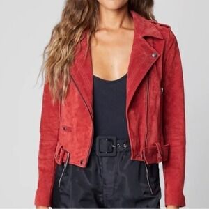 BLANKNYC Red Suede Cropped Moto Jacket‎ Leather Biker Belted Size S